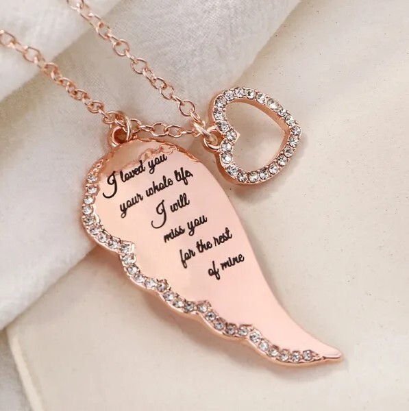 Rose Gold Angel Wings Love Letter Necklace with Heart Charm – Pink