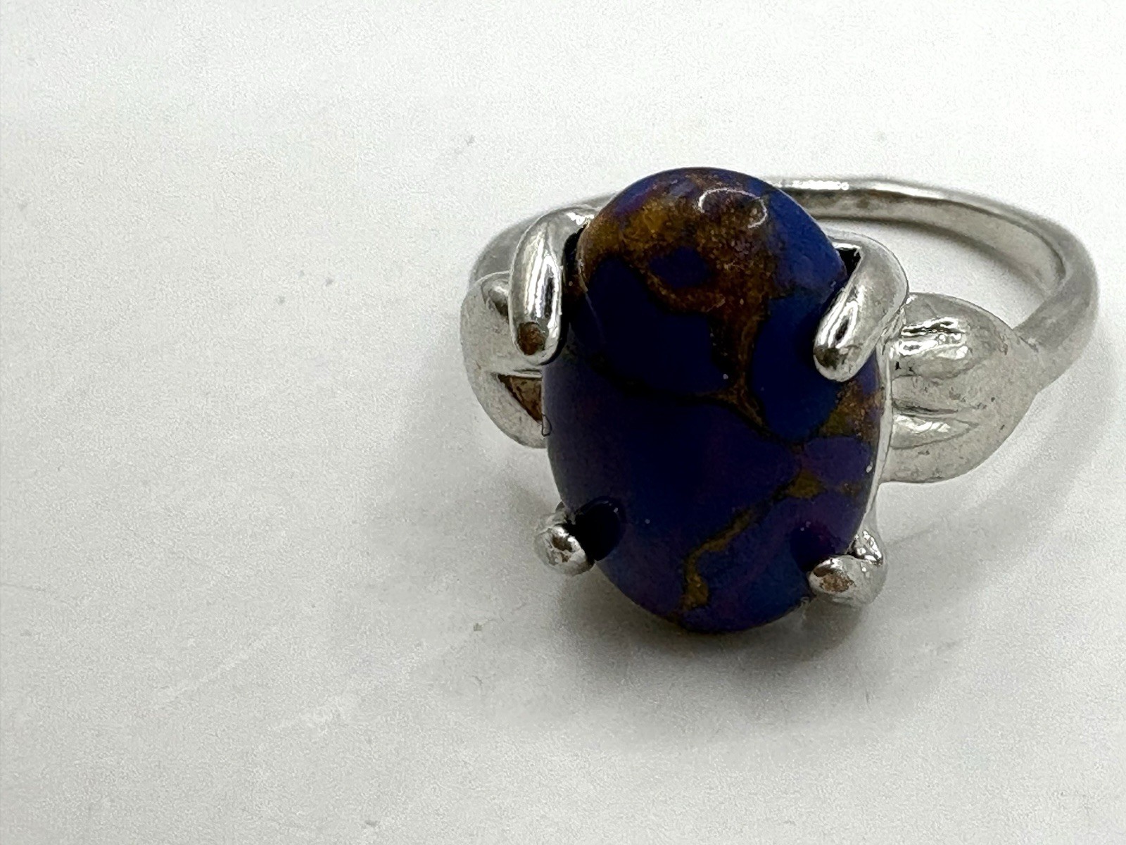 Silver Tone Size 9 Blue & Brown Marbled Cabochon Ring