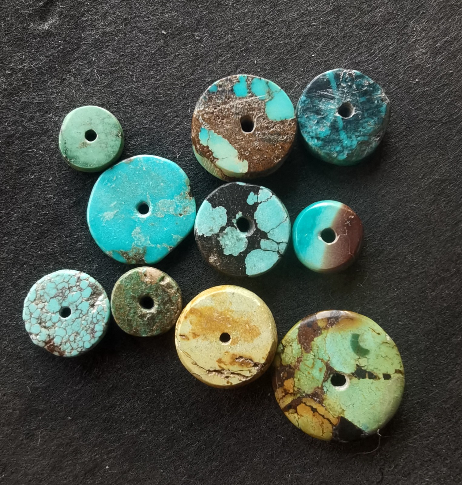 8.8g,10beads coin donut green brown Genuine natural Hubei Turquoise stone loose