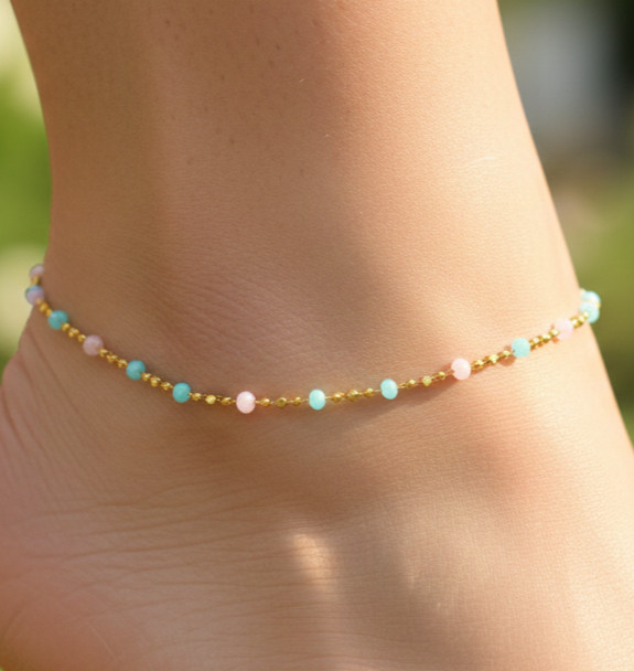 Boho Beaded Anklet Gold Color Plated Brass Foot Chain Handmade Minimalist
