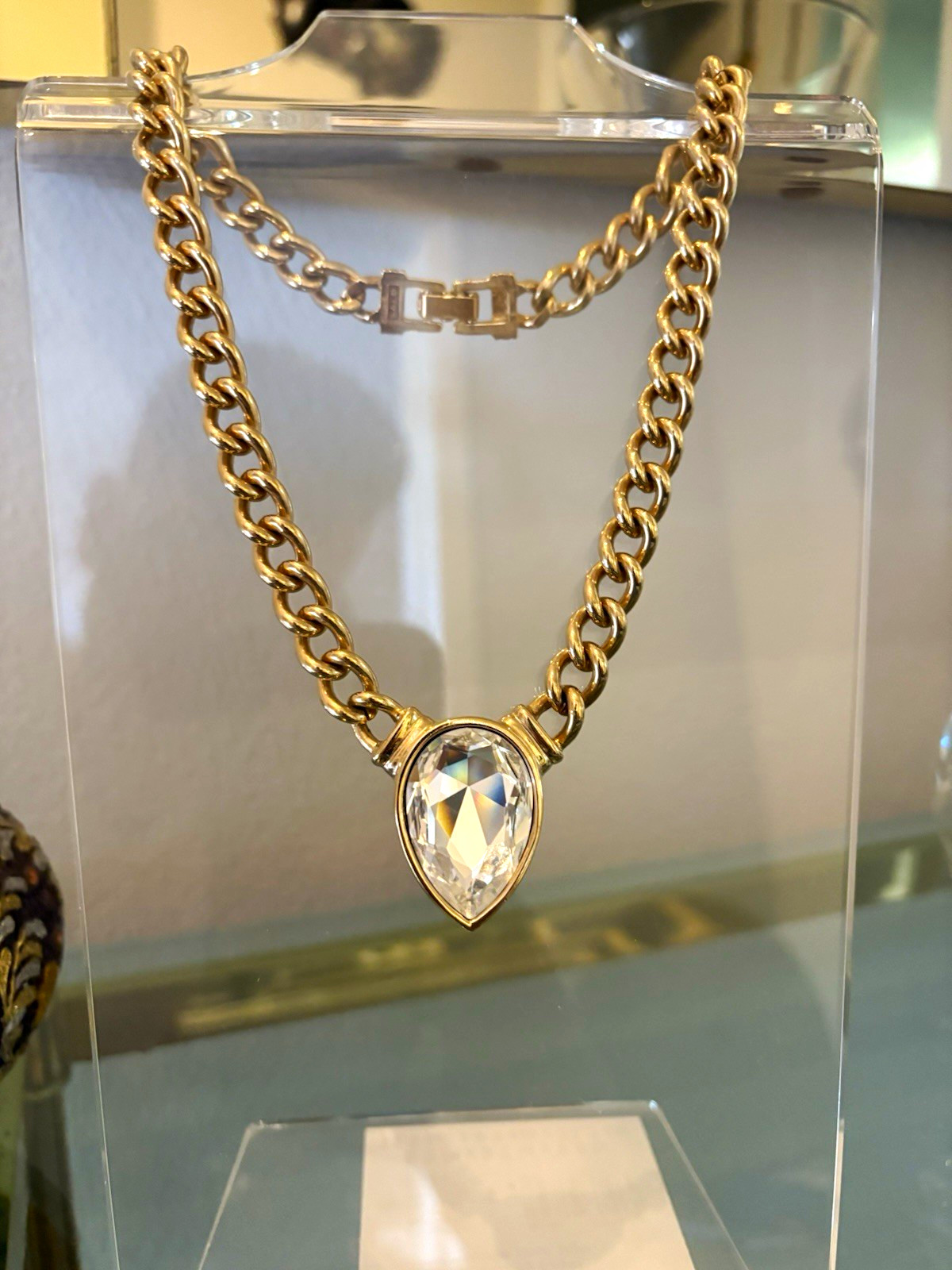 Gold Tone Curb Link Chain Necklace Teardrop Clear Crystal Charm Pendant