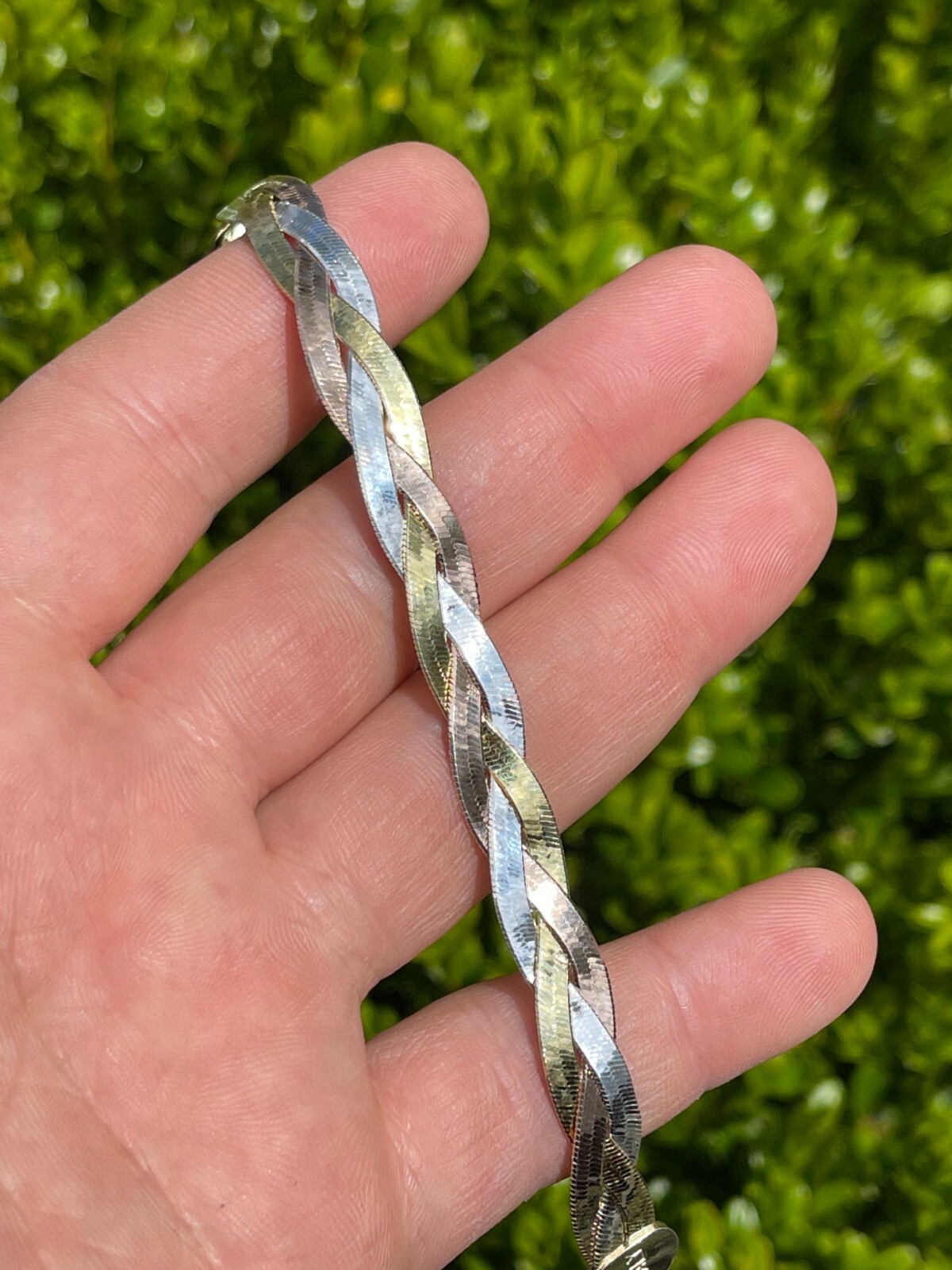 Solid 925 Silver Tri Color Yellow Rose Gold Plated Braided Herringbone Bracelet