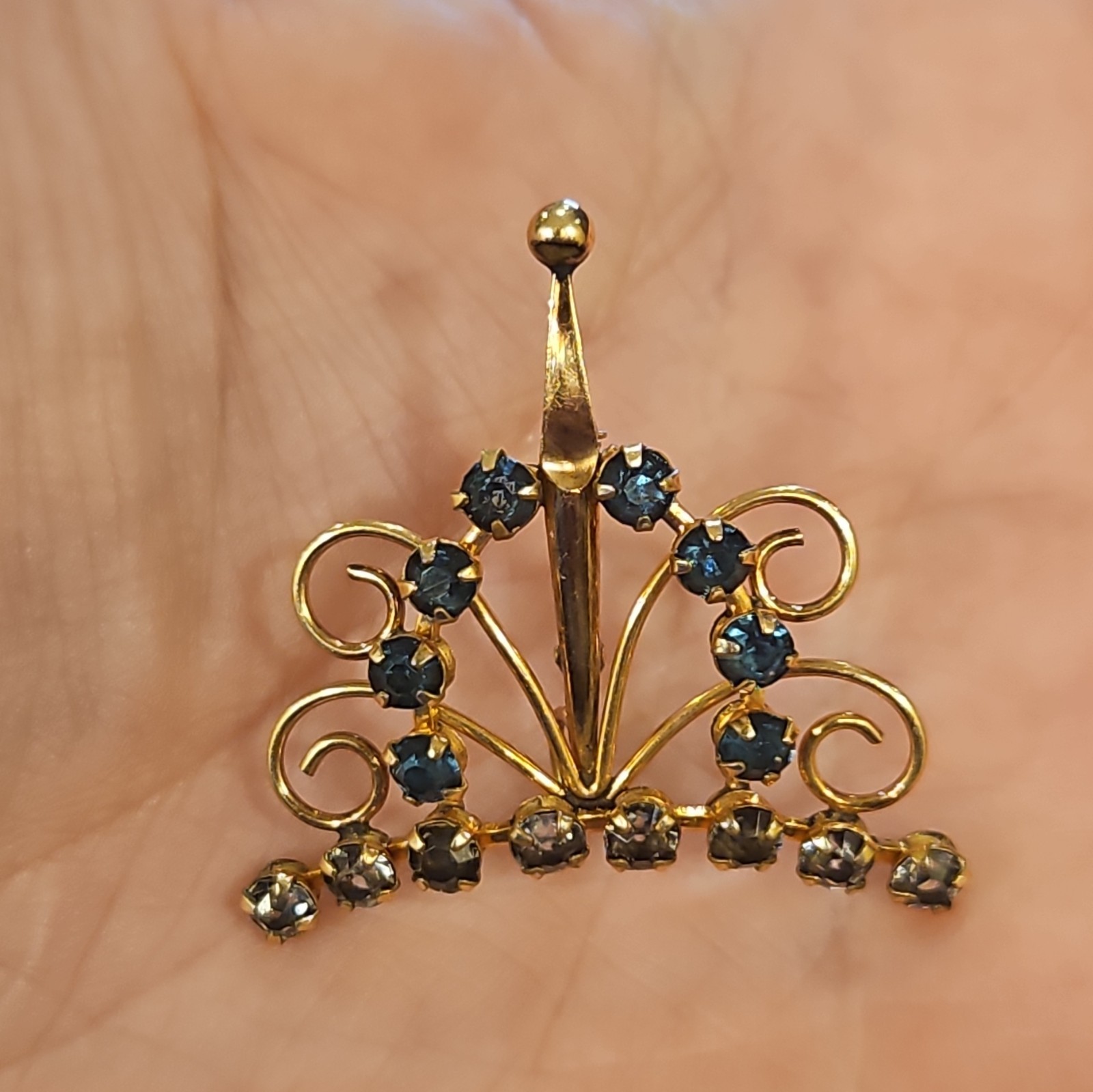 Vintage 1/20 12K Gold Filled Tiara Crown Brooch with Deep Blue Rhinestones