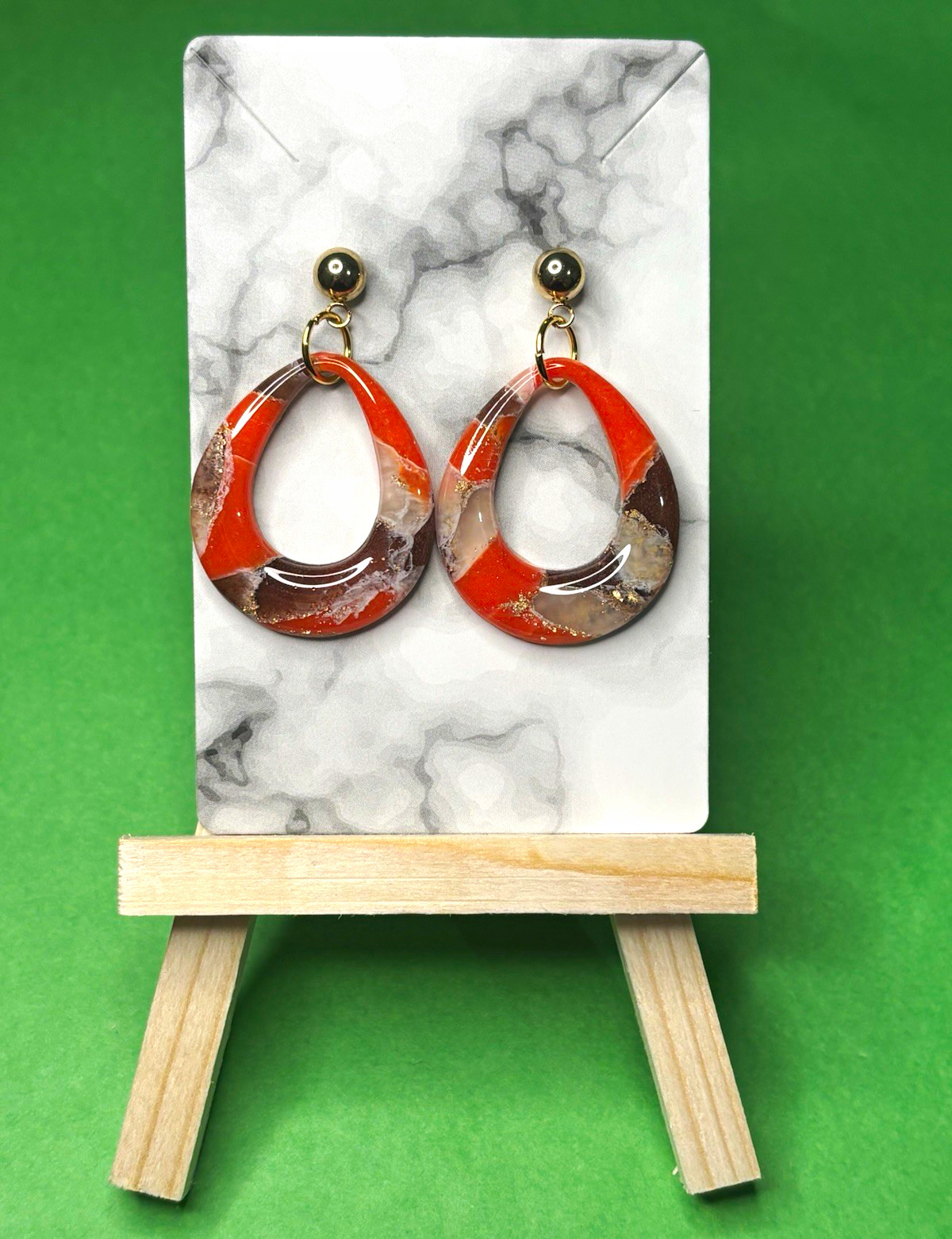 Handmade Teardrop Dangle Drop Earrings Orange Brown White