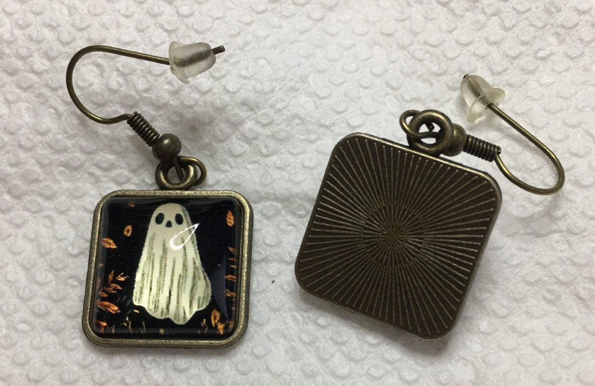 Acrylic on Metal 1″ Square Halloween Ghost w/Falling leaves Dangle earrings