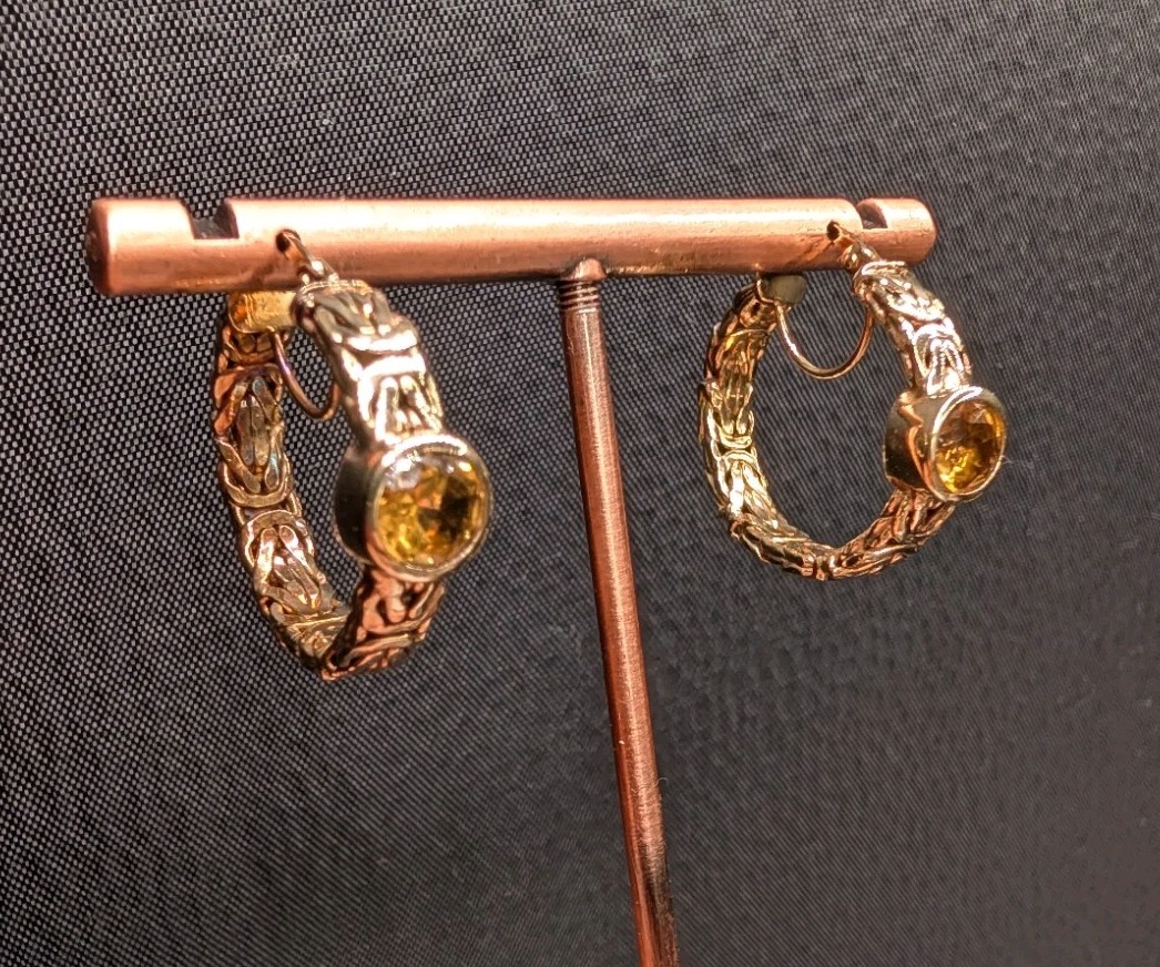 Sterling Silver Gold Vermeil Byzantine Citrine Gemstone OT Turkey Hoop Earrings