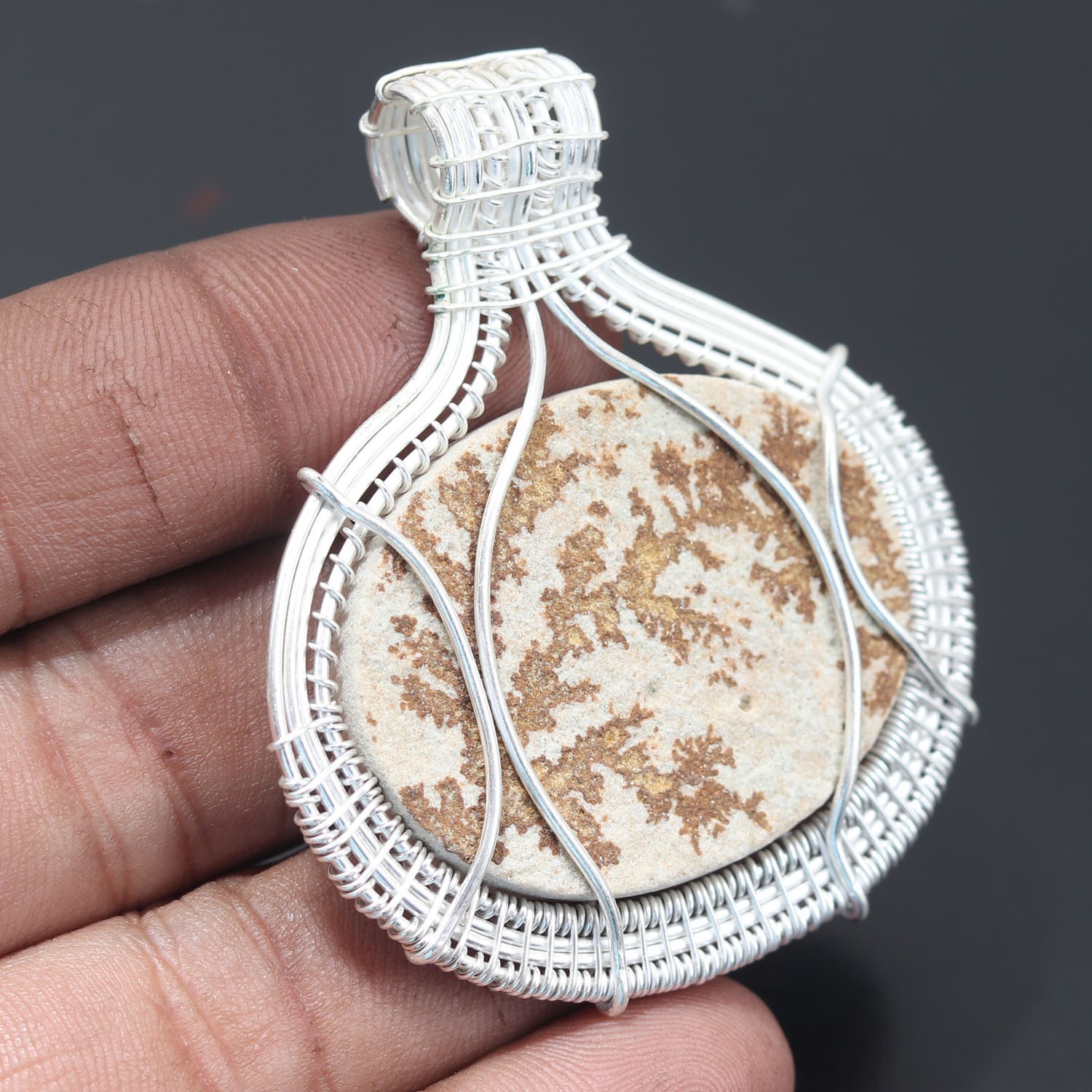 German Dendrite Gemstone Copper Wire Wrapped Handmade Pendant Jewelry Gift For