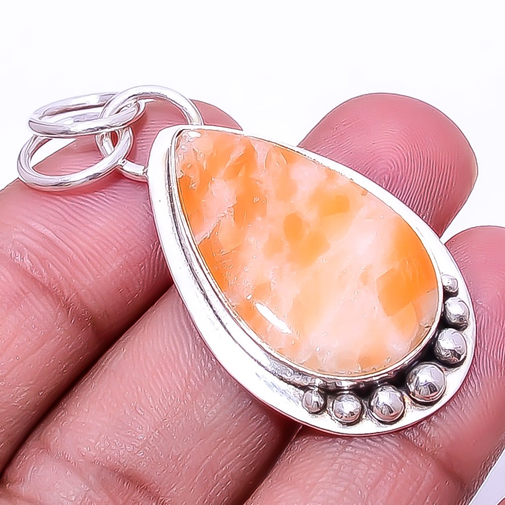 Orange Calcite- Peru 925 Sterling Silver Pendant 1.76″ P27, Christmas Gift