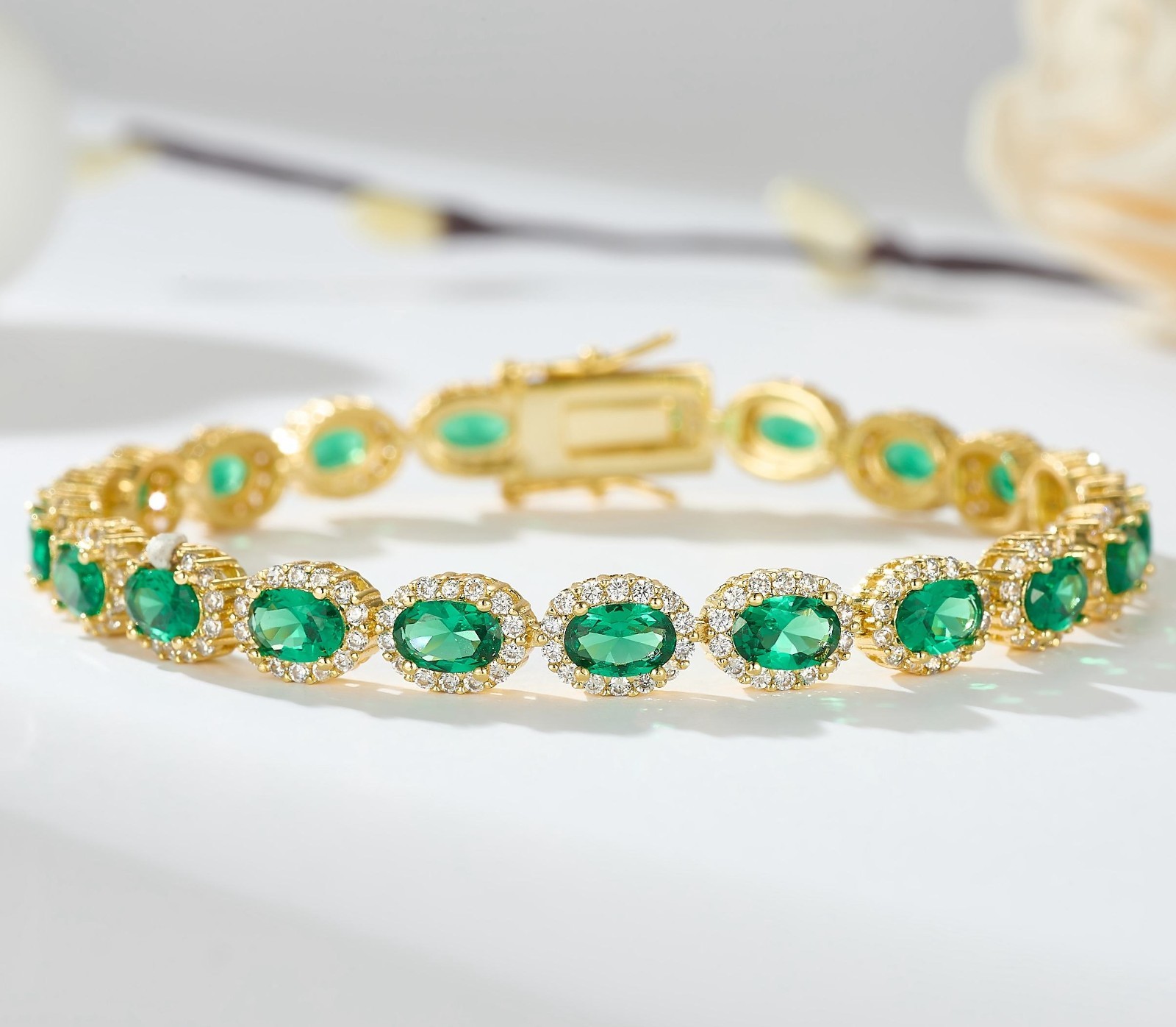 925 Silver Emerald Green Oval Halo Tennis Bracelet Crystal Link Bracelet Women