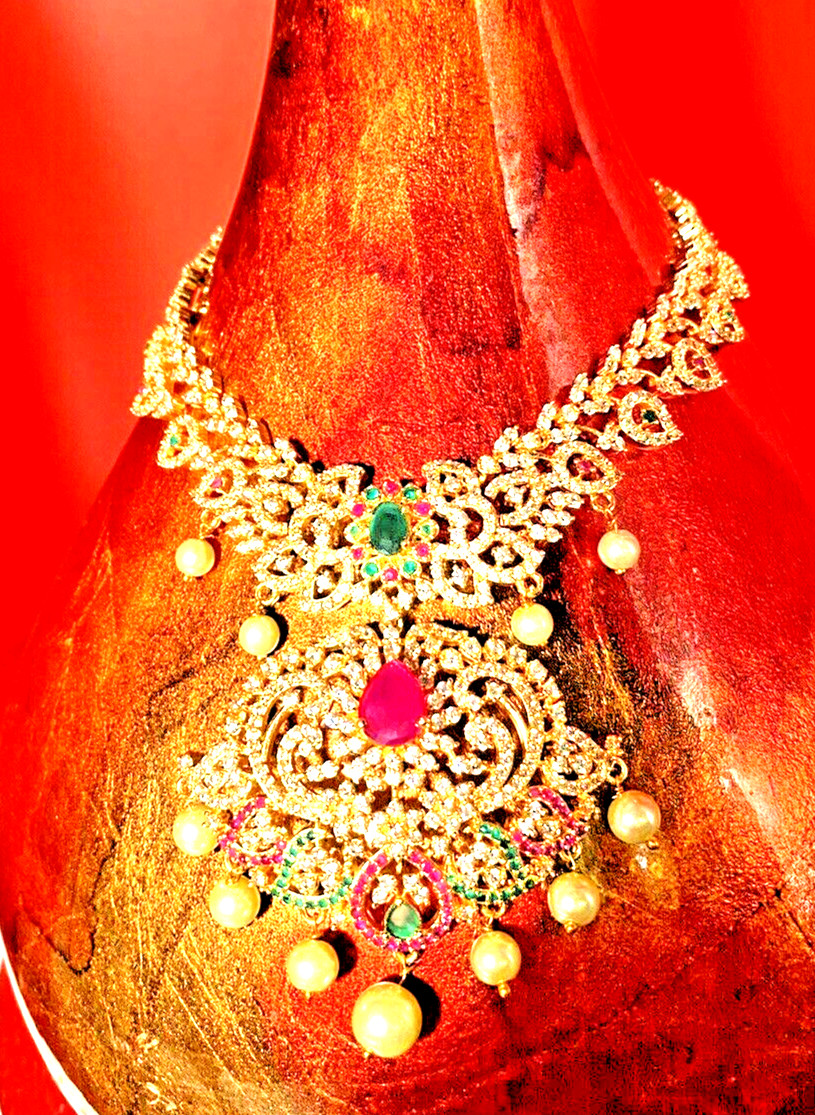 Indian Formal Temple Necklace Traditional Red Green Jewels Bollywood “Maya”