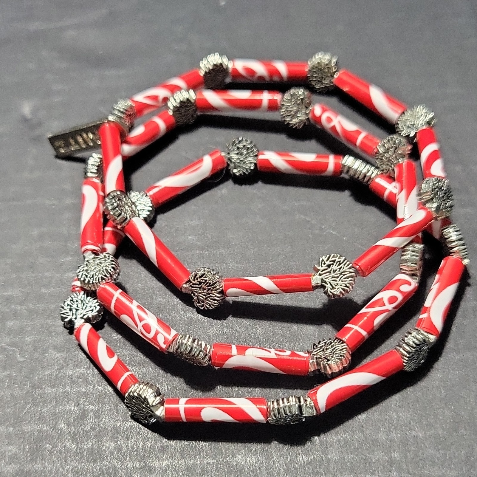 Set Of 3 Coca-Cola Bracelets, Vinyl “beads”, Silver Tree Spacers, Mitz