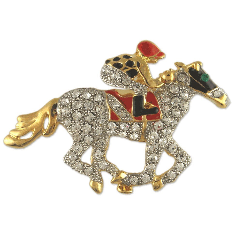 AUSTRIAN CRYSTAL TWO-TONE PLATED RED & BLACK JOCKEY RACE HORSE BROOCH PIN