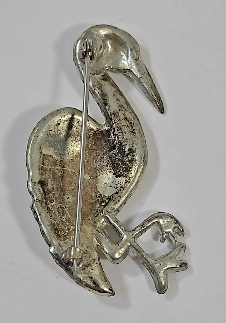 Sterling Silver Pelican Ladies Fashion Pin w/ Rhinestones – 2″ tall