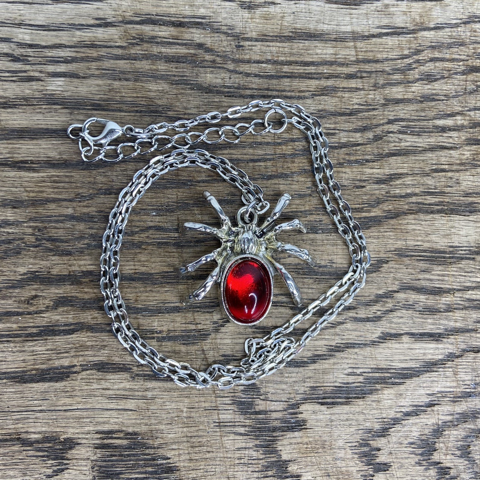 Gothic Metal Halloween Alternative Red Gem Spider Necklace with Chain Pendant