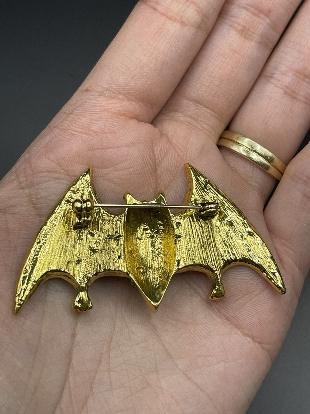 Gold Tone Flying Bat Green Rhinestone Brooch Pin