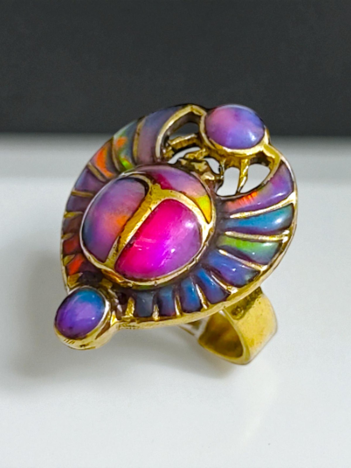 Opal Pinky Gold Scarab Ring, Egyptian Talisman, Adjustable Ring
