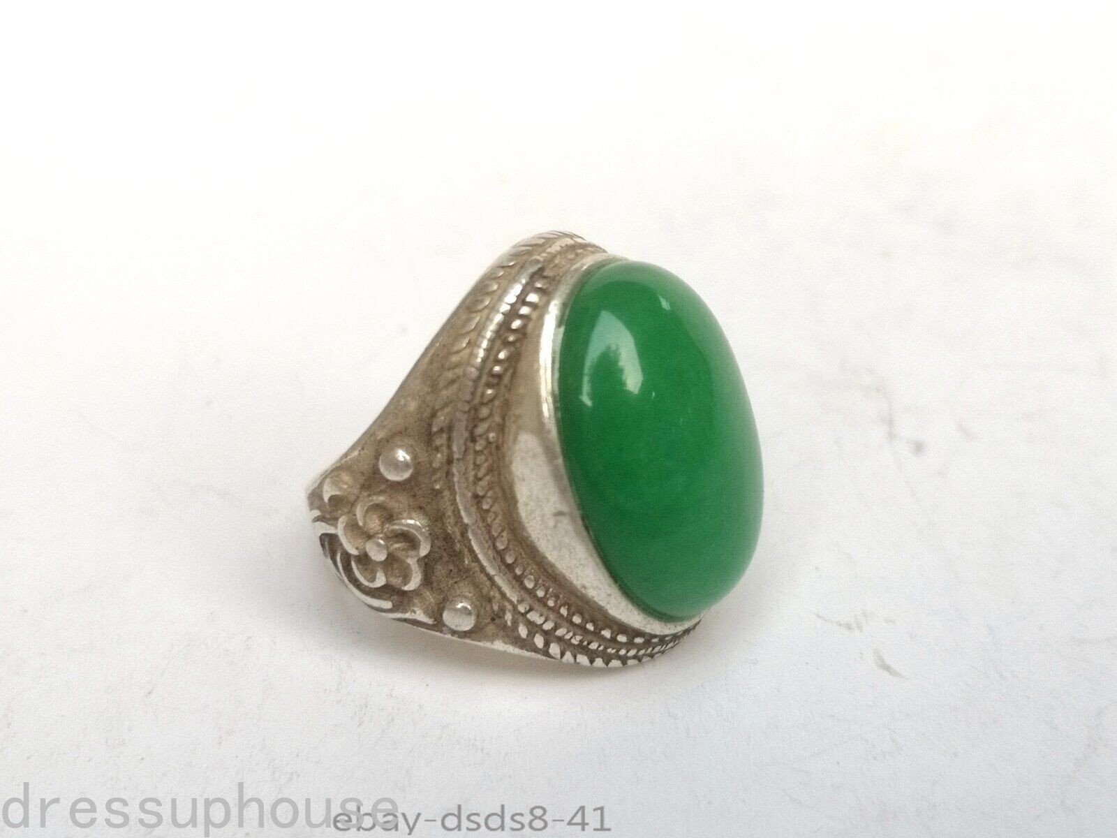 Collection Chinese Tibet Silver Carving Flower Inlay Green Jade Ring Gift