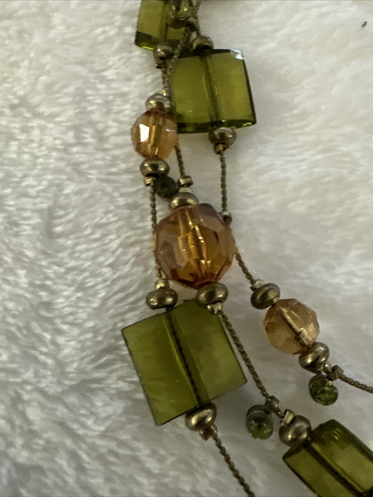 Layered Necklace Multi Strand Beaded Olive Peach Brass Color Chain Square 10”