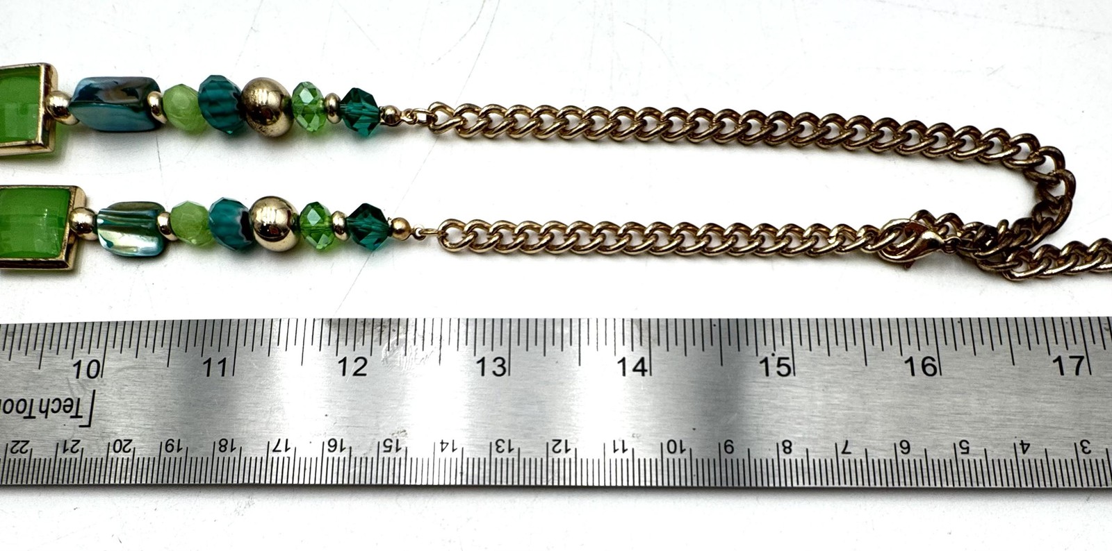 Statement Beaded Necklace Green Multicolor Glass Gold Tone Chain Womens 34in
