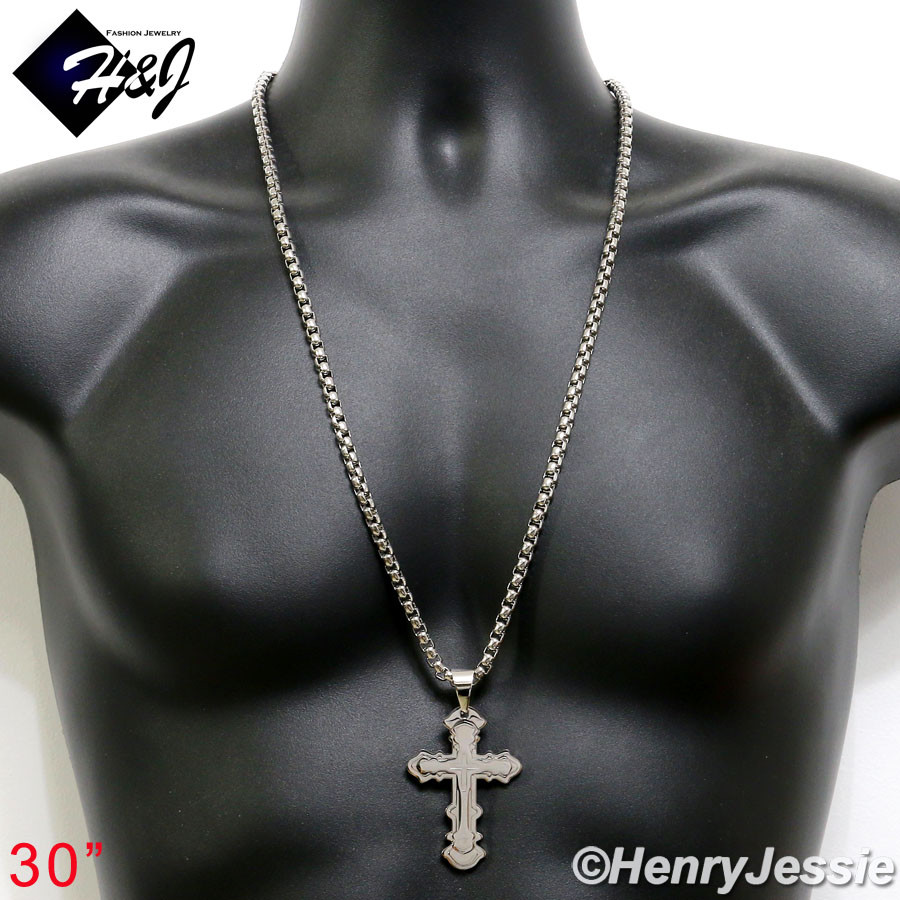 30″MEN’s Stainless Steel 5mm Silver Box Link Chain Necklace Cross Pendant*P72