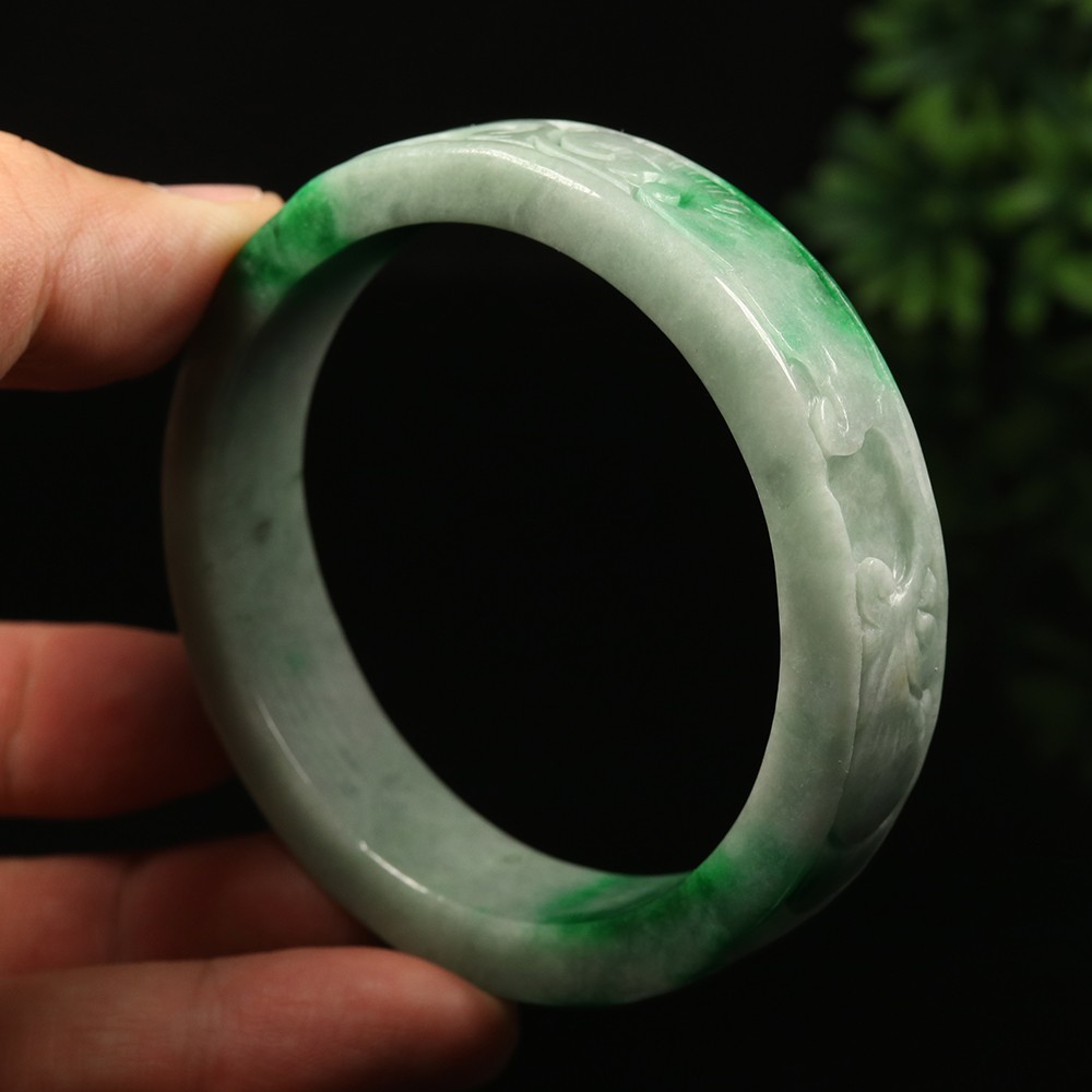 62mm White Emerald Green Jadeite Jade Bangle Bracelet Ruyi Bat Coin 福在眼前 A-14973