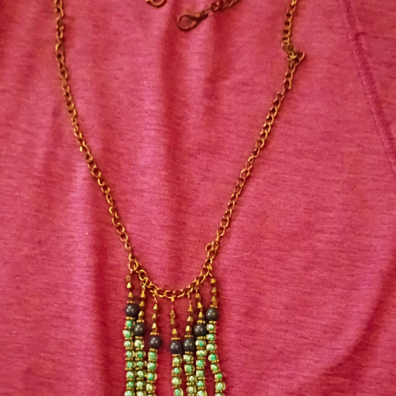 Gold Tone Cable Chain Fringe Pendant Necklace w/ Green Black Glass Beads
