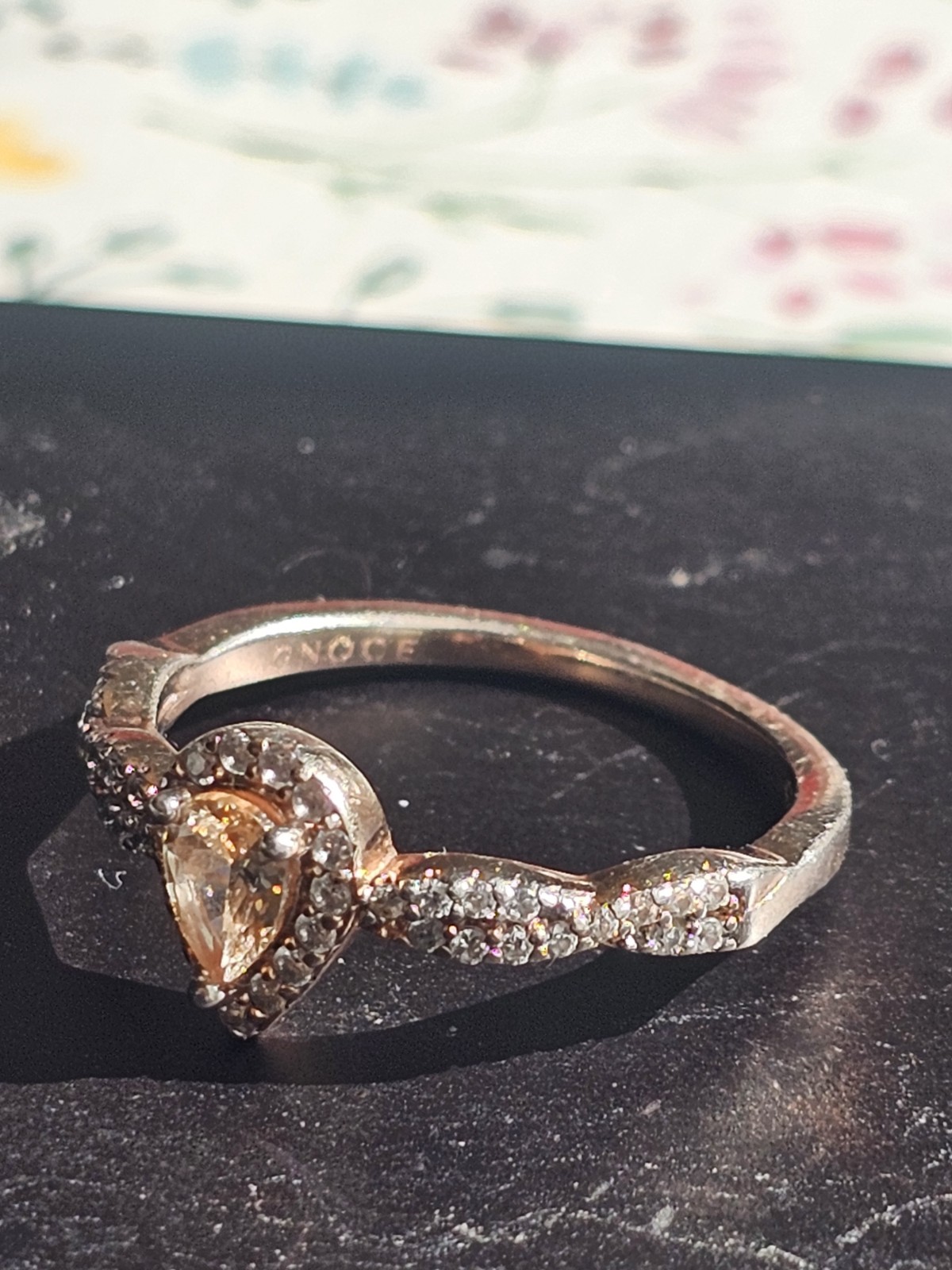 Silver Gnoce Halo Ring w/ Champagne Pear Cut CZ Size 8 S925 Sterling *Worn*