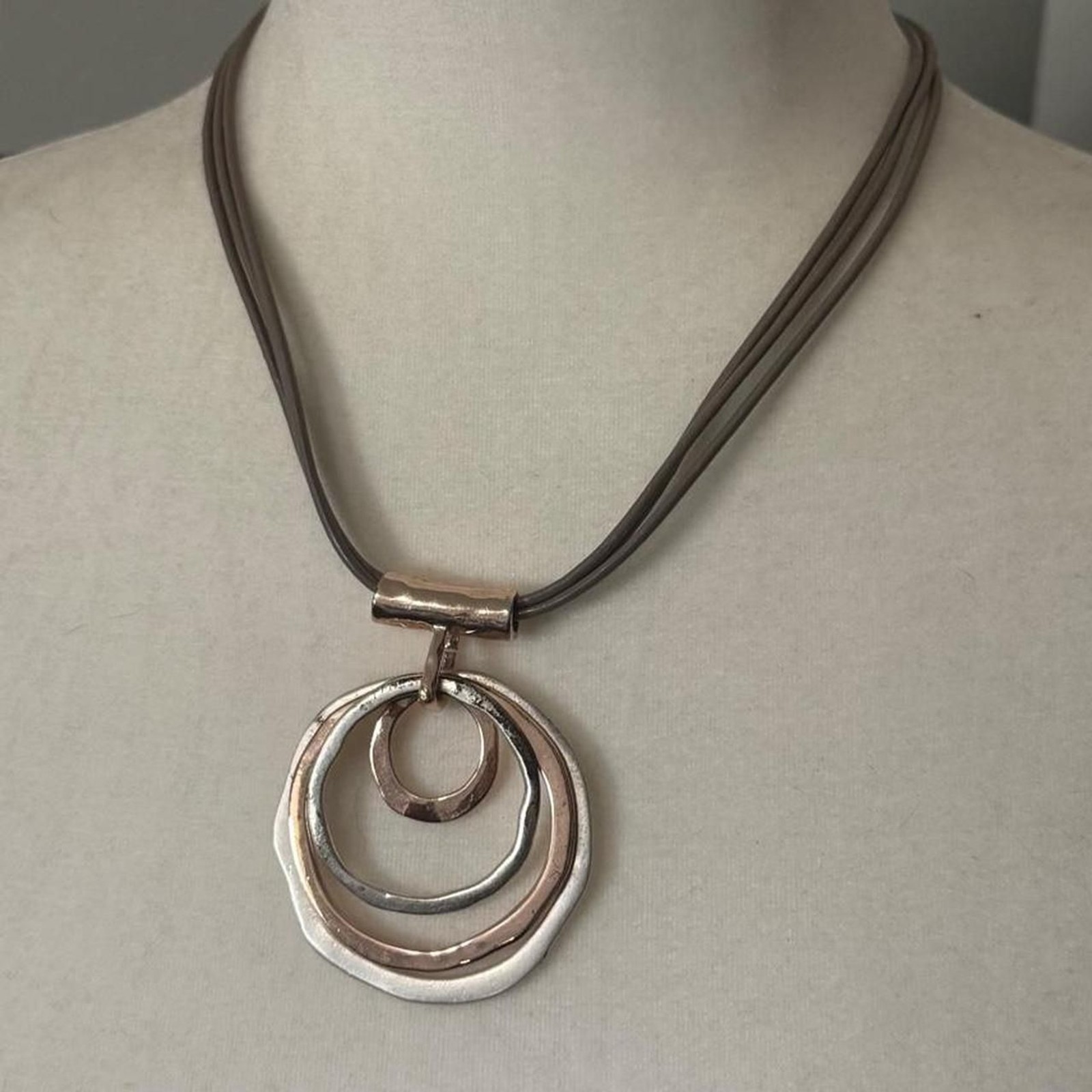 Mixed Metal Circle Pendant on Cord Necklace