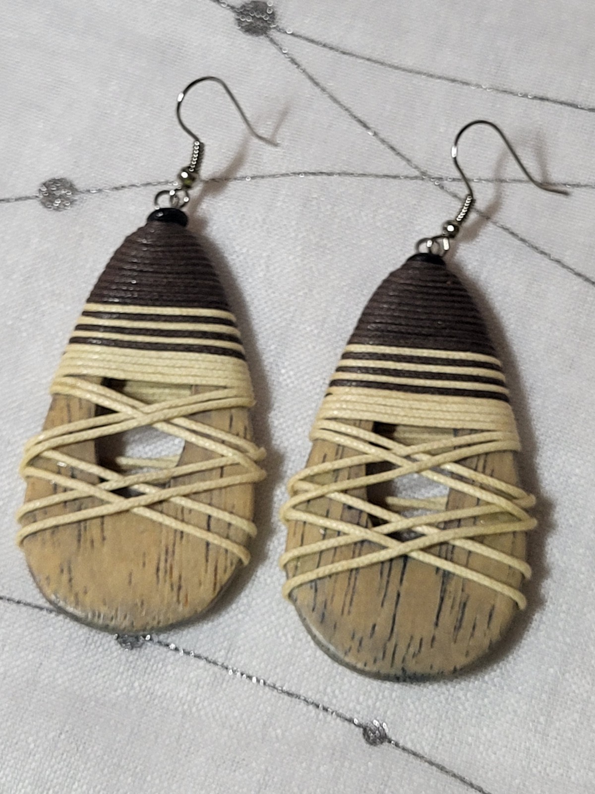 Tribal Tear Drop Dangle 3 inch Earrings Wood Wrap Brown Tan Women’s Jewelry Boho