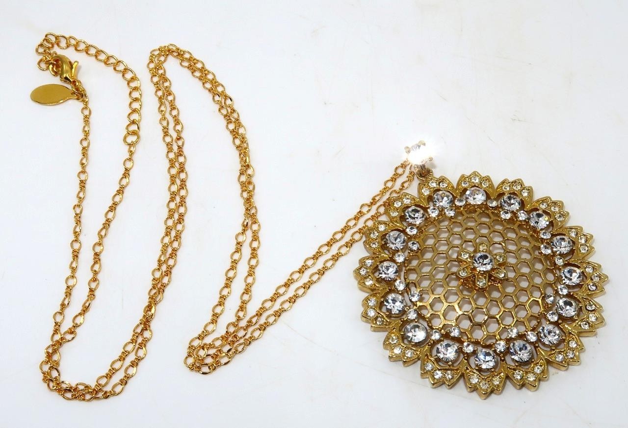 NOLAN MILLER Gold Tone Floral Pendant & Necklace w/ Clear Rhinestones, 26″ Chain