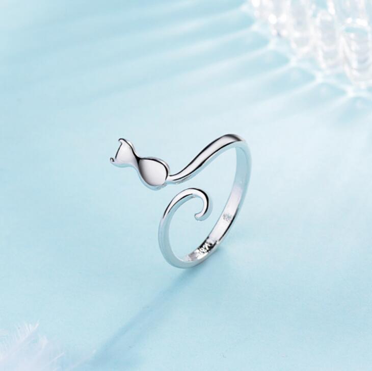 Cute Cat Sterling Silver Engagement Open Toe Rings Pet Lovers Dainty Adjustable