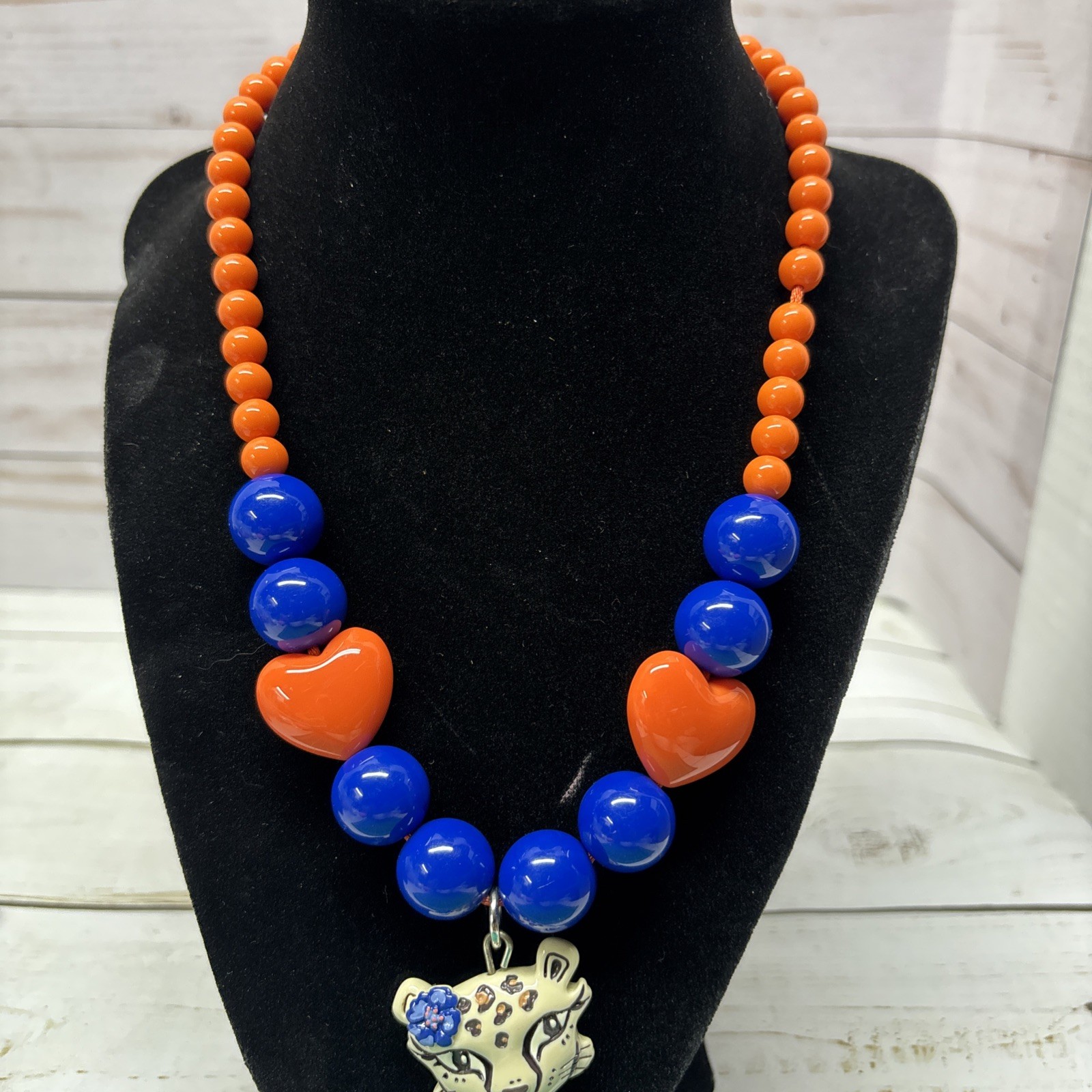Leopard Blue & orange Heart Beaded Acrylic Pendant Necklace 8.25” Drop