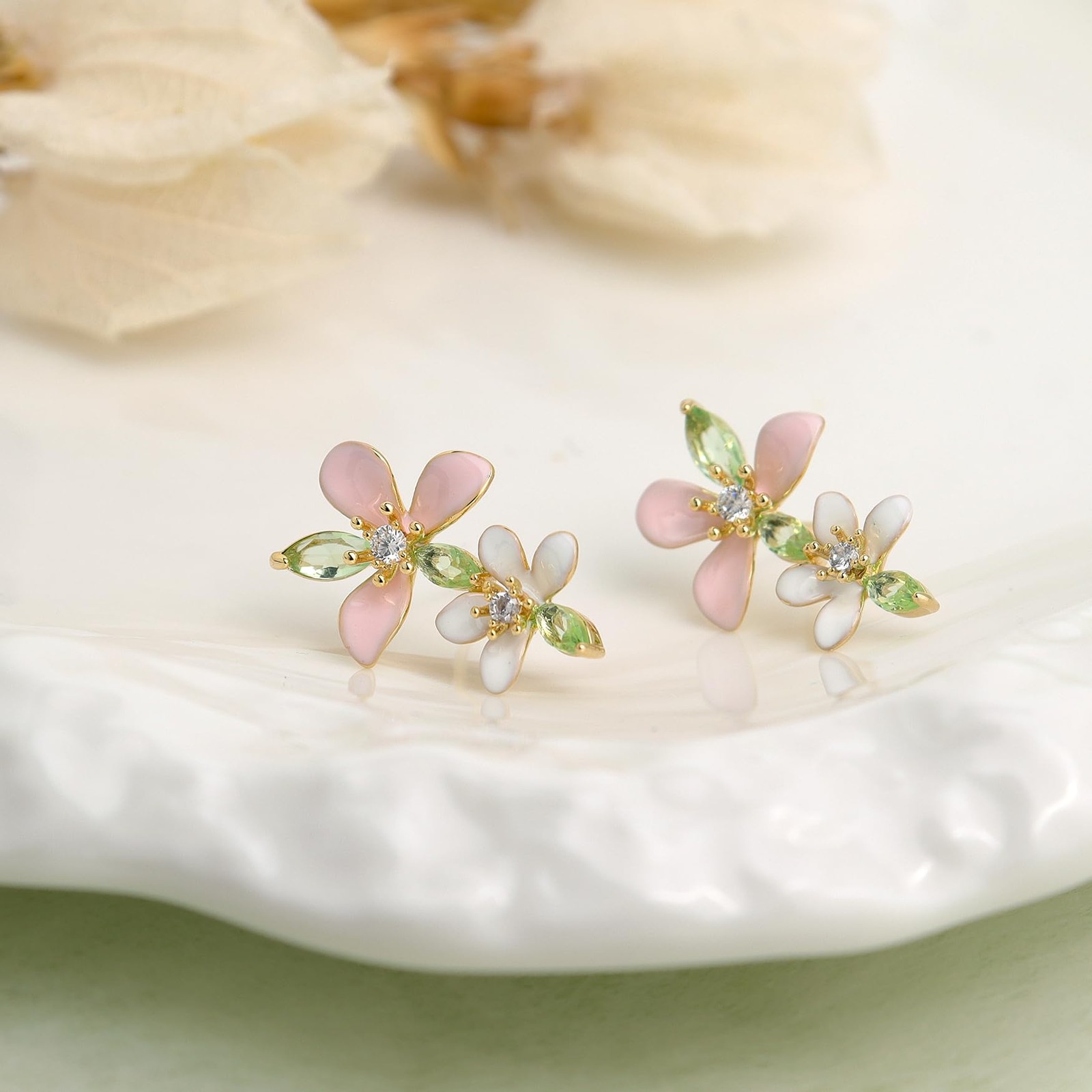 Double Flower Dangle Drop Stud Earrings for Women, Cute Pink White Leaf Floral R