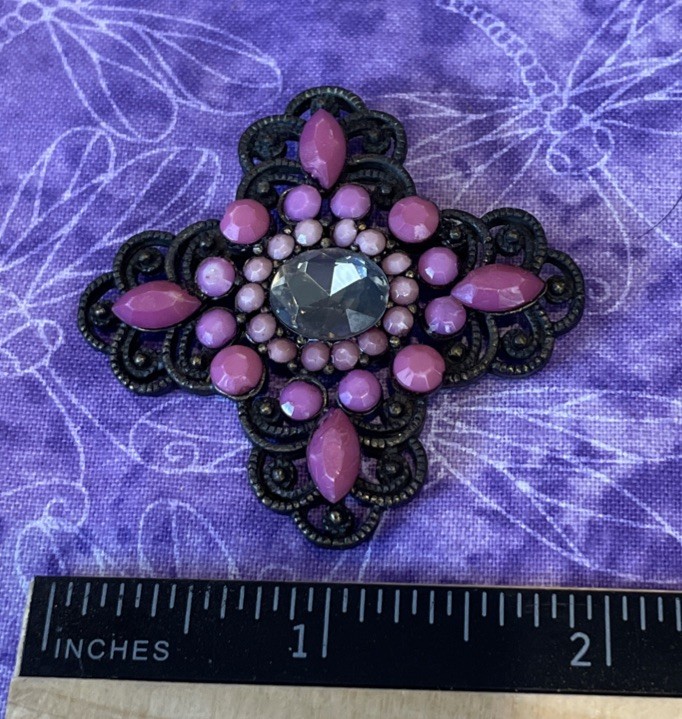Vintage Pink Stone Glass Beaded Metal Brooch Pin Victorian Style Art Deco Love