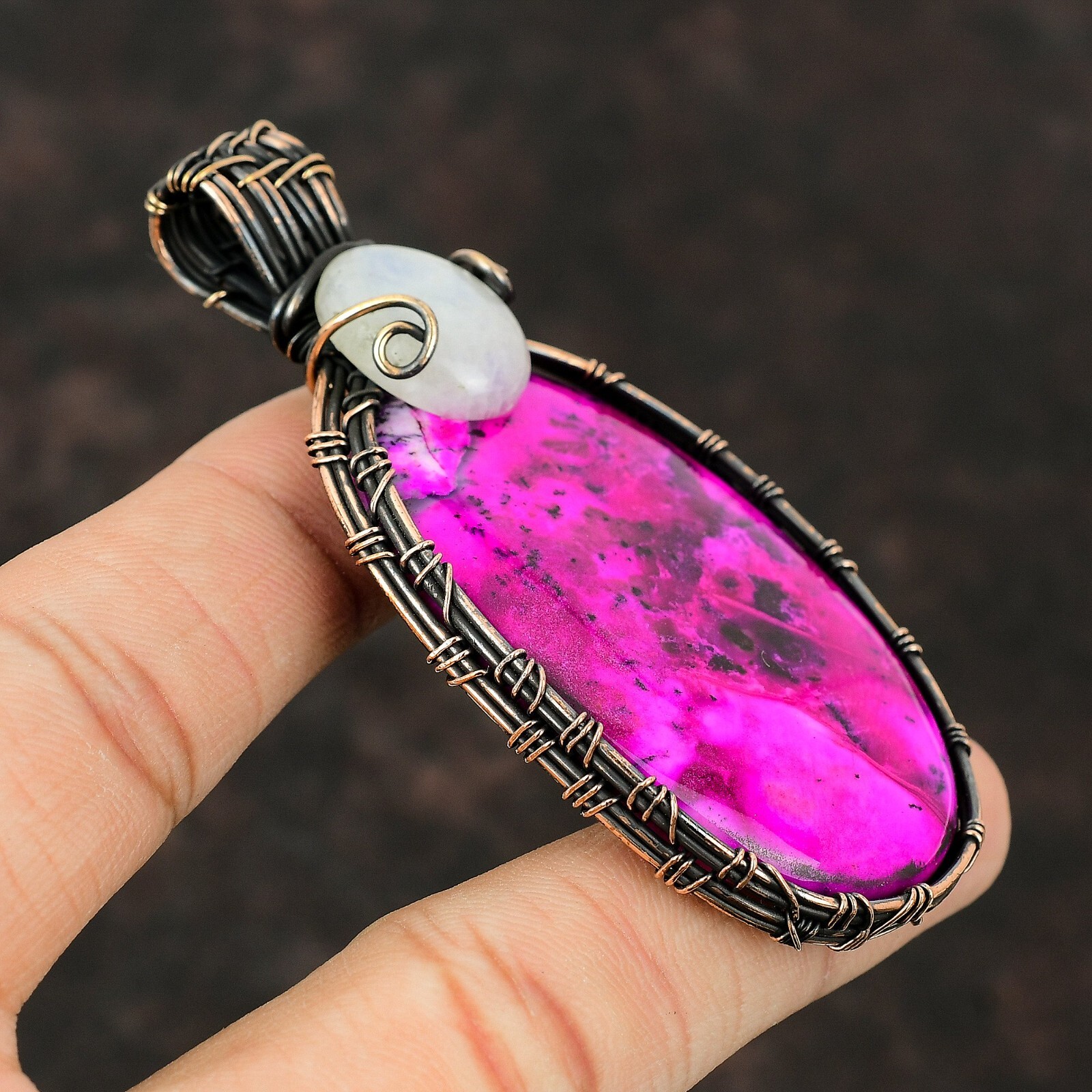 Pink Dendrite Opal Wire Wrapped Pendant Handcrafted Copper Ethnic Jewelry 3.15″