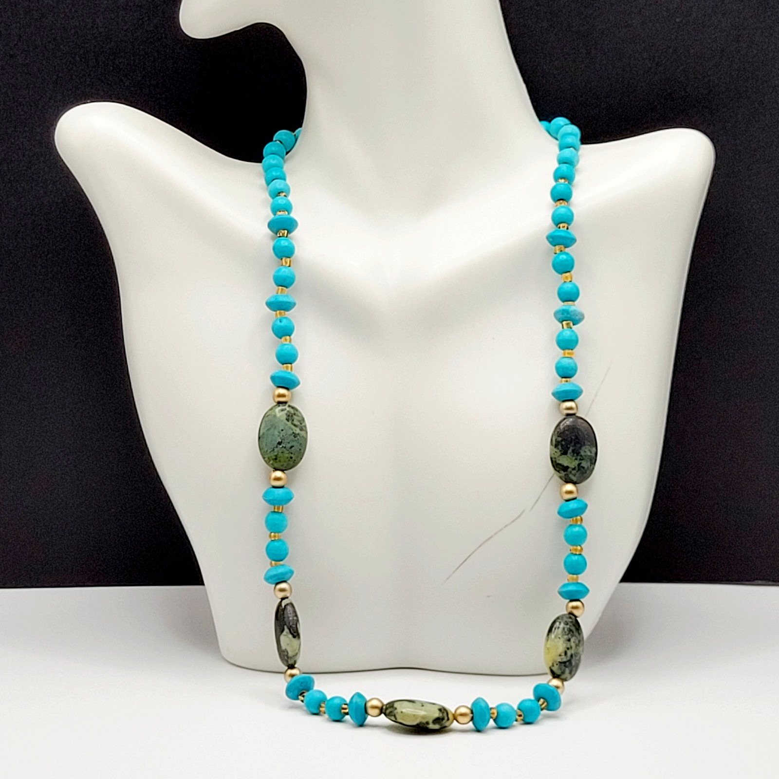 Southwestern Turquoise & Varicite w Seed Bead Handcrafted Beaded Necklace 21 In