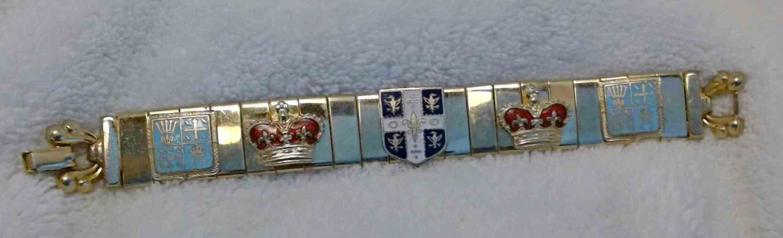 Vtg MCM British Crown Crest Bracelet Enamel Oxford Cambridge Shield Souvenir