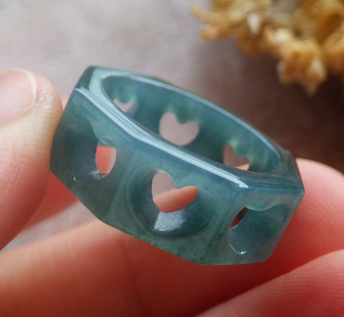 Video Certified Green A Jadeite Jade Heart Round Circle Ring NO. 5.5 # 420083 TS