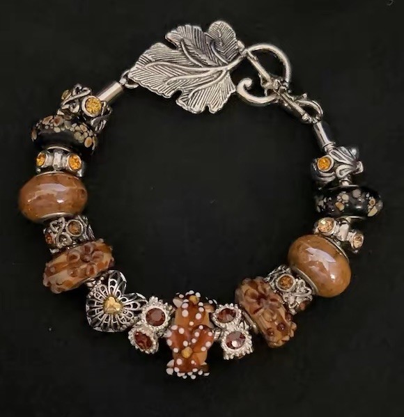 European Slider Charm Bracelet Murano Glass Brown Silver Gold Huge Flowers Heart