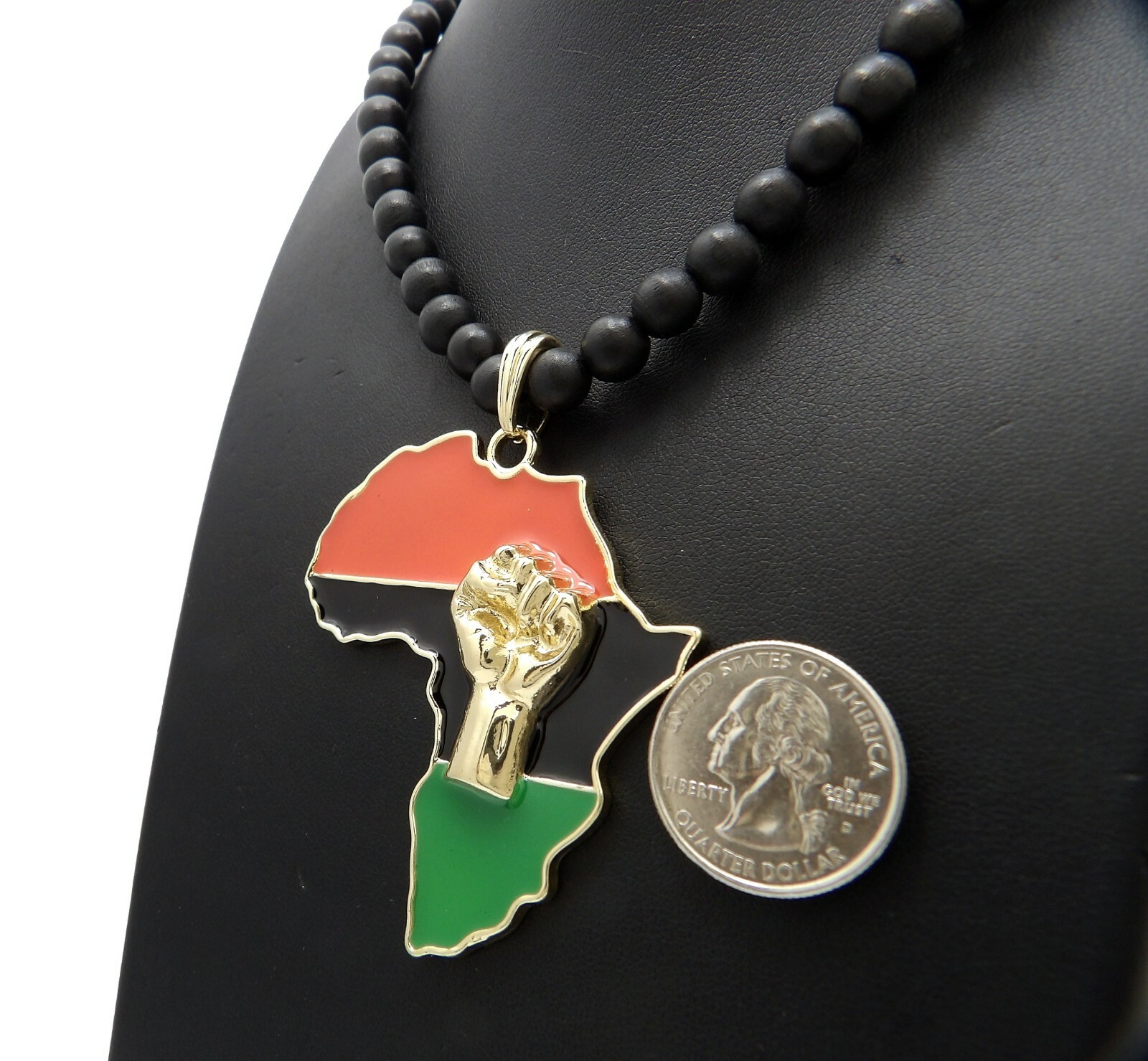 Fist Power in Africa Pendant & 8mm 30″ Wooden Wood Bead Chain Fashion Necklace