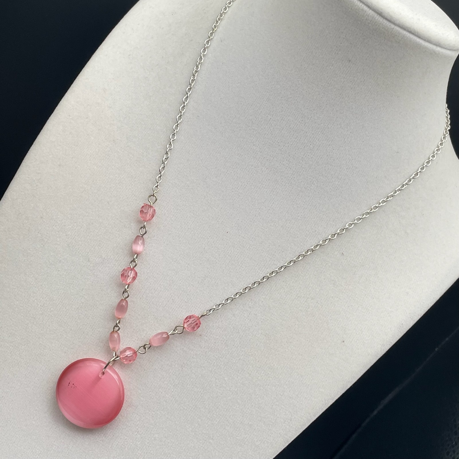 Vintage Silver-tone chain necklace with round pink pendant and accent beads 23In