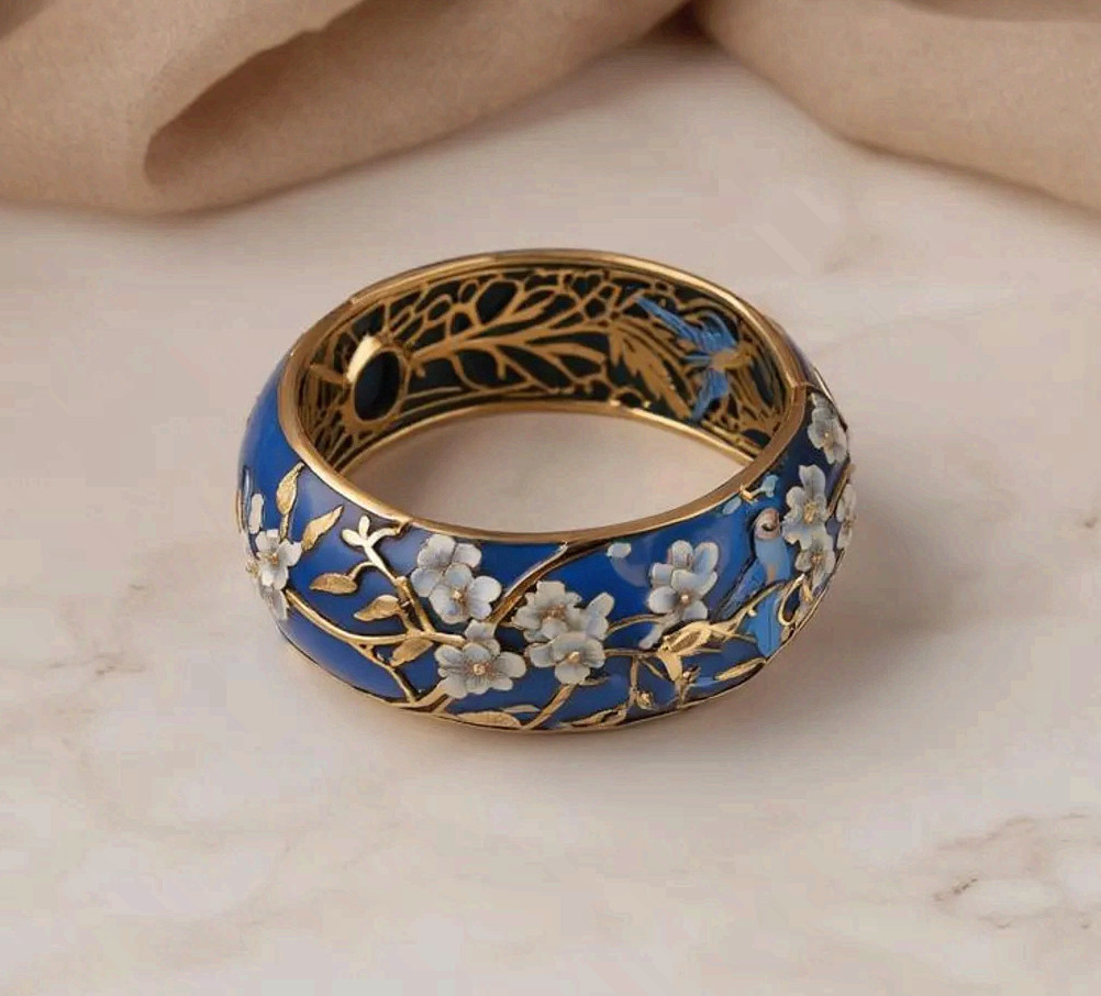 Champleve Enamel Flower Ring Stainless Steel Blue Bird