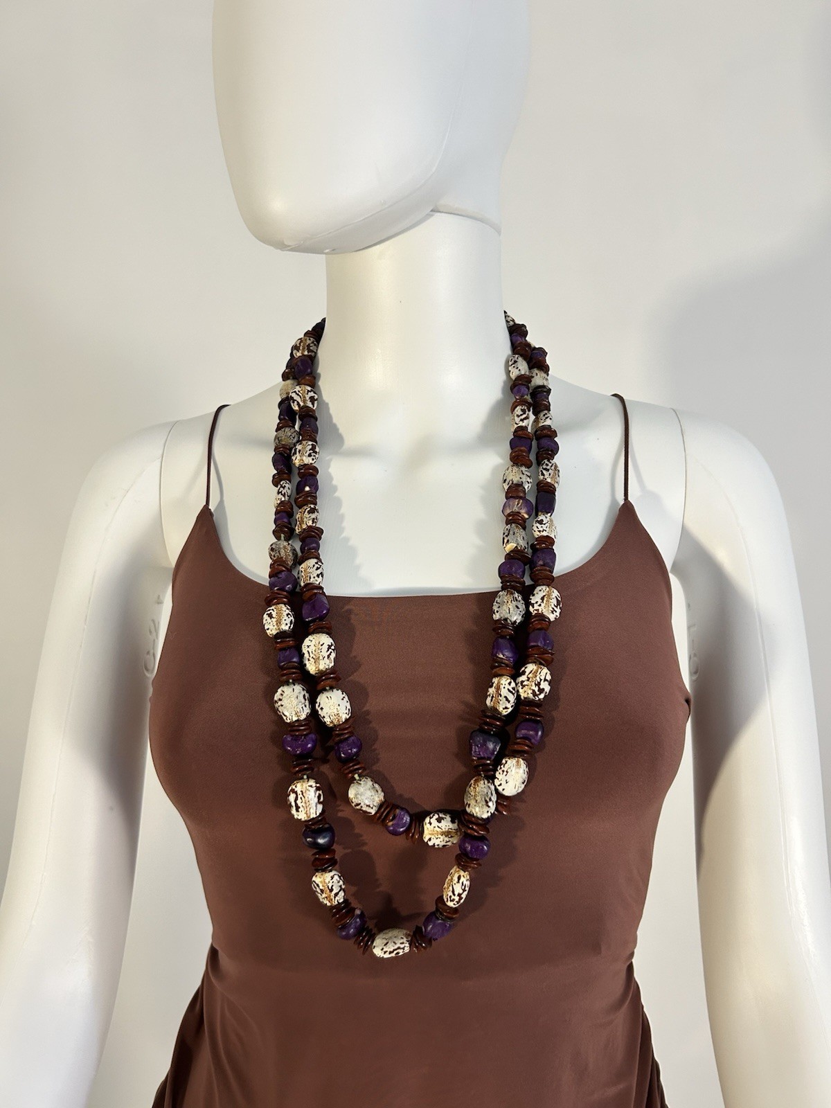 Purple Brown Beige Vintage Bean Bead Layered Statement Necklace Bohemian