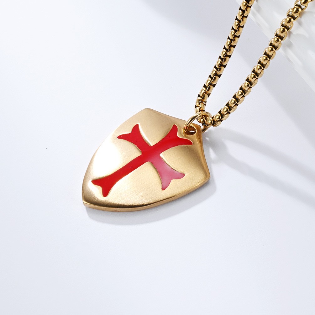 Stainless Steel Crusader Knights Templar Cross Shield Pendant Necklace For Men
