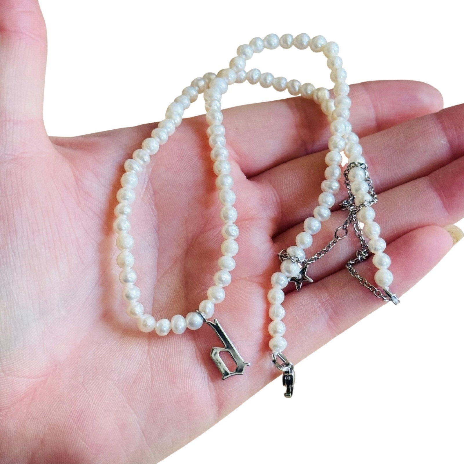 Dalmata Initial letter “d” Pearl Necklace Old English Pearl Goth Rockabilly 17″
