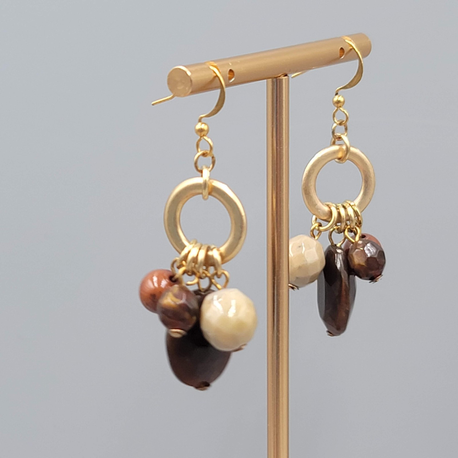 Brown Beige Orange Bead Pierced Earrings Gold tone Dangle 1.5 in