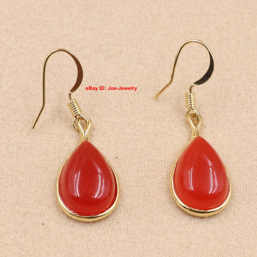 New Gold Plated Heated Red Jade Pear-Shaped Dangle Earrings 38mm H