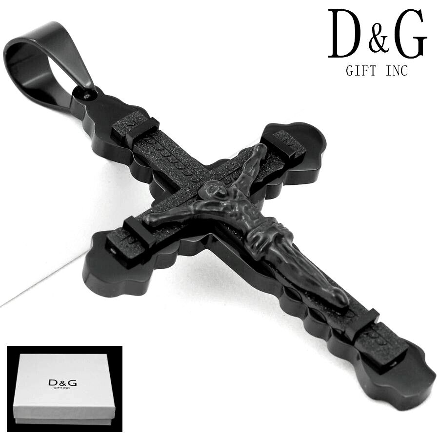 DG Men’s Stainless Steel,JESUS CROSS 92mm Black Large Pendant.Ion Plated,Box