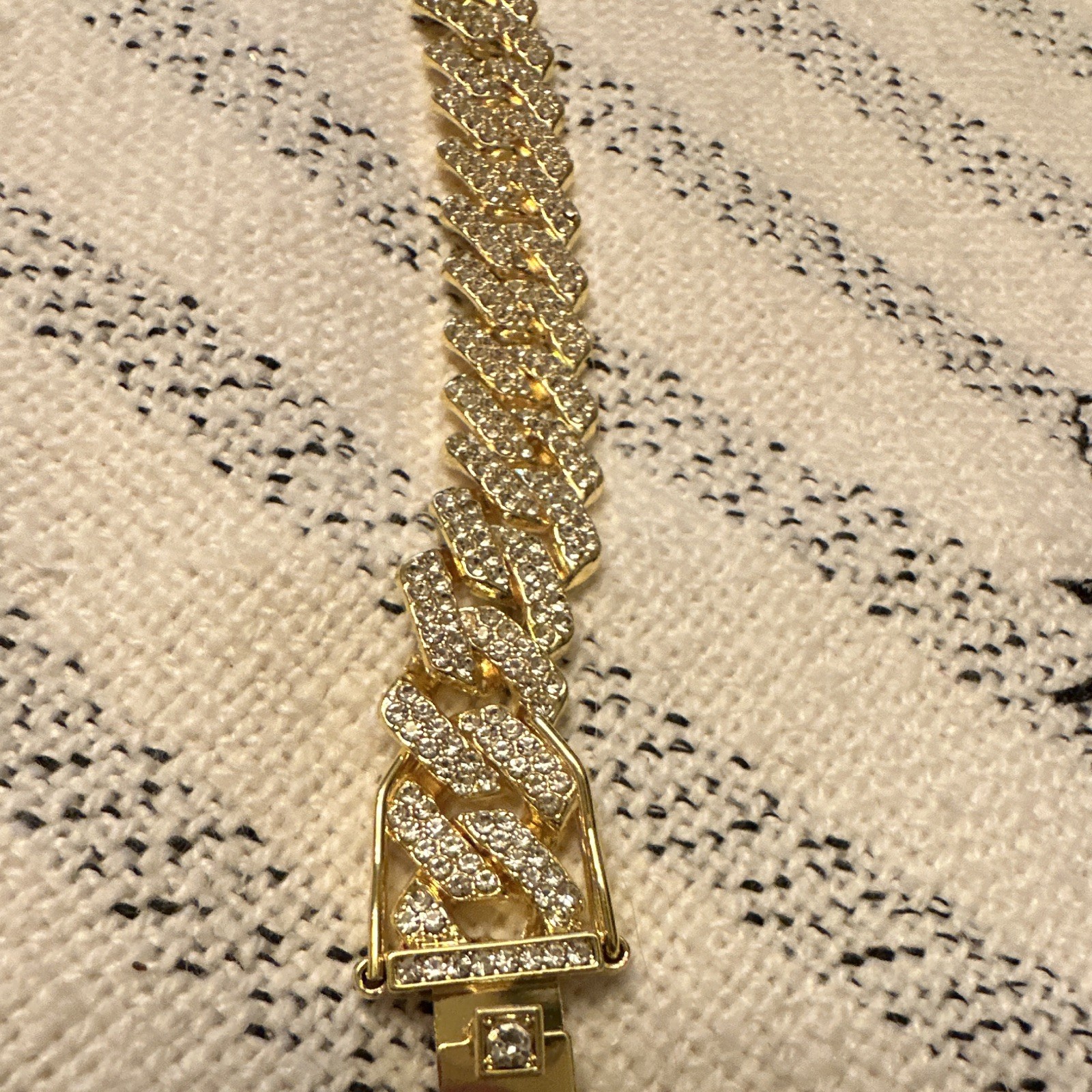 Gold Tone Cuban Link Chain Bracelet with Pavé Setting and Box Clasp Closure