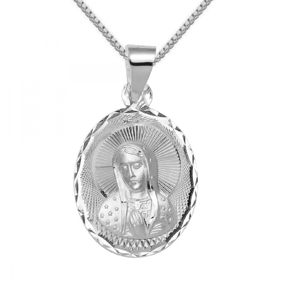 Sterling Silver High Polish Diamond Cut Mother Mary Pendant/ Charm, Box Chain